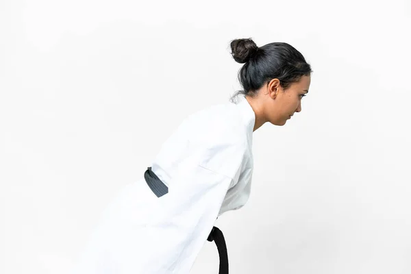 Young Uruguayan Woman Isolated White Background Doing Karate Saluting — Foto de Stock
