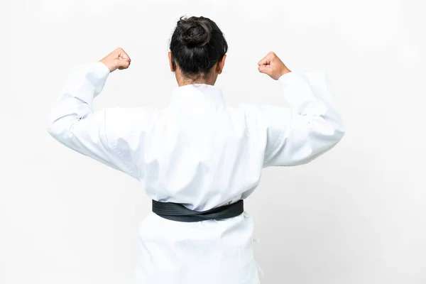 Young Uruguayan Woman Isolated White Background Doing Karate Back Position — 图库照片