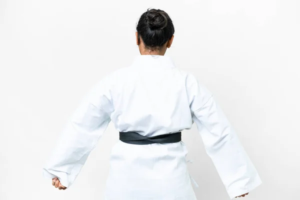 Young Uruguayan Woman Isolated White Background Doing Karate Back Position — Stock Photo, Image