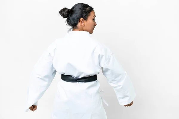 Young Uruguayan Woman Isolated White Background Doing Karate Back Position —  Fotos de Stock