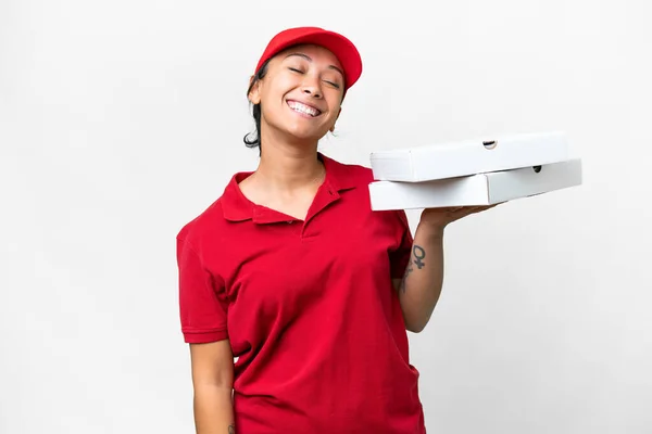 Pizza Teslimatçısı Kadın Üniformalı Izole Edilmiş Beyaz Arka Planda Pizza — Stok fotoğraf