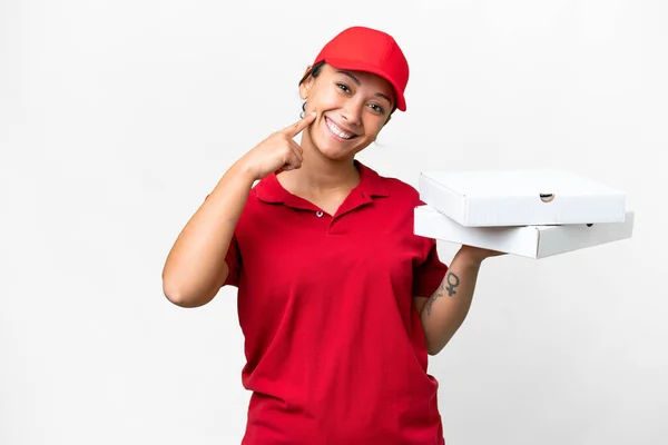 Üniformalı Pizzacı Kadın Izole Edilmiş Beyaz Arka Planda Pizza Kutuları — Stok fotoğraf
