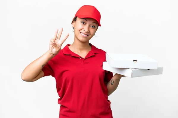 Pizza Dağıtan Kadın Üniformalı Izole Edilmiş Beyaz Arka Planda Pizza — Stok fotoğraf