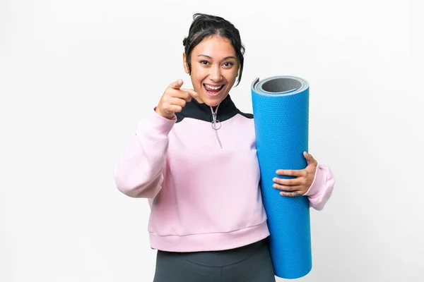 Young Sport Woman Going Yoga Classes While Holding Mat Isolated — Stock Photo, Image