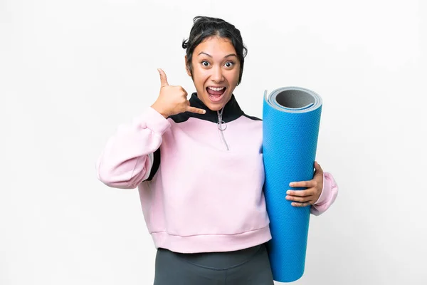 Young Sport Woman Going Yoga Classes While Holding Mat Isolated — Foto Stock