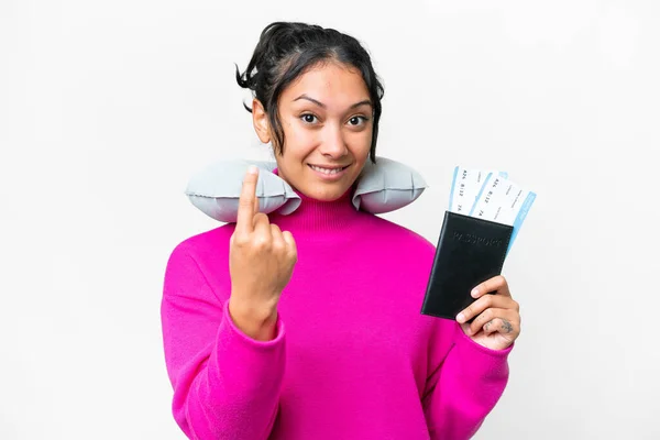 Young Uruguayan Woman Holding Passport Isolated White Background Doing Coming — Stock Photo, Image