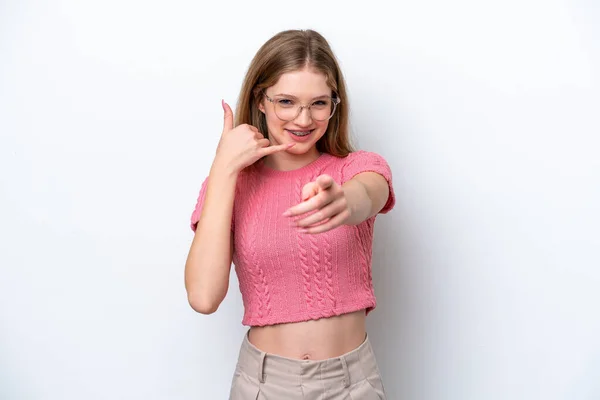 Teenager Russian Girl Isolated White Background Making Phone Gesture Pointing — Stock Photo, Image