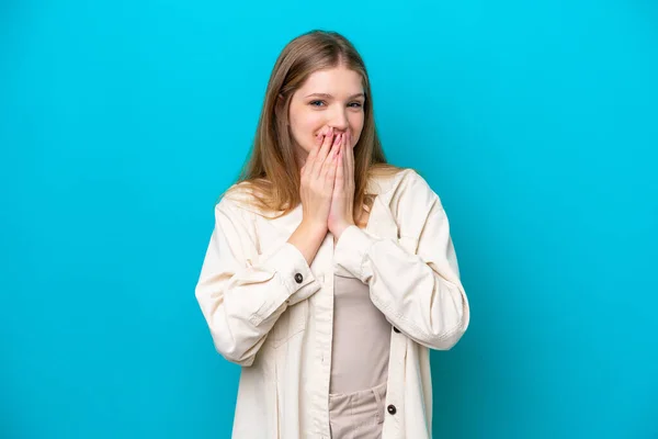 Teenager Russian Girl Isolated Blue Background Happy Smiling Covering Mouth — Stockfoto