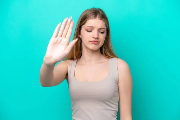 Teenager Russian Girl Isolated Blue Background Making Stop Gesture Disappointed — Stockfoto