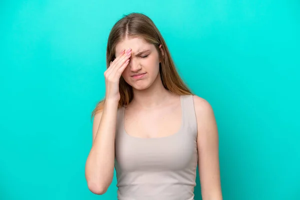 Teenager Russische Mädchen Isoliert Auf Blauem Hintergrund Mit Kopfschmerzen — Stockfoto
