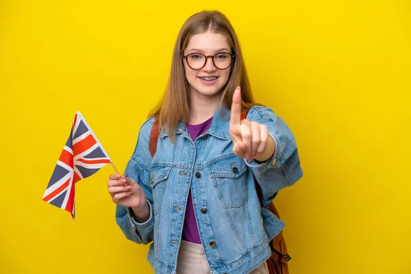 국기를 러시아 소녀노란 배경에 고립된 손가락을 — 스톡 사진