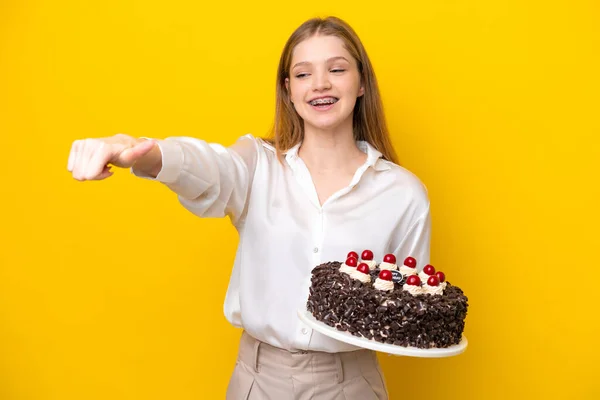Teenager Russian Girl Holding Birthday Cake Isolated Yellow Background Giving — Stock Photo, Image