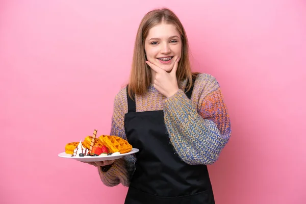 Teenager Russian Girl Holding Waffles Isolated Pink Background Happy Smiling — Stock Photo, Image