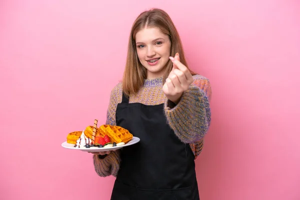 Teenager Russian Girl Holding Waffles Isolated Pink Background Making Money — Stock Photo, Image