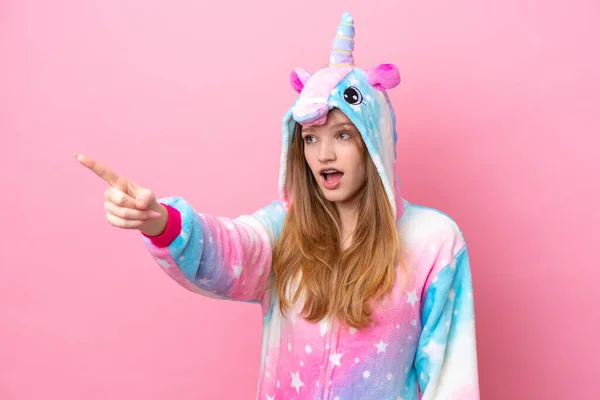 Teenager Russian Girl Unicorn Pajamas Isolated Pink Background Pointing Away — Stock Photo, Image