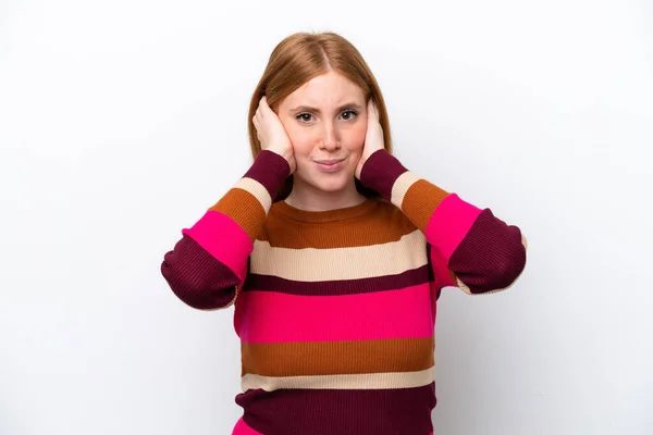 Young Redhead Woman Isolated White Background Frustrated Covering Ears — Stock fotografie
