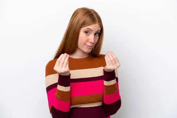 Young Redhead Woman Isolated White Background Making Money Gesture Ruined — Stockfoto