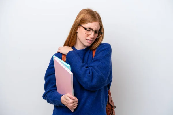 Young Student Redhead Woman Isolated White Background Suffering Pain Shoulder — Stock Photo, Image