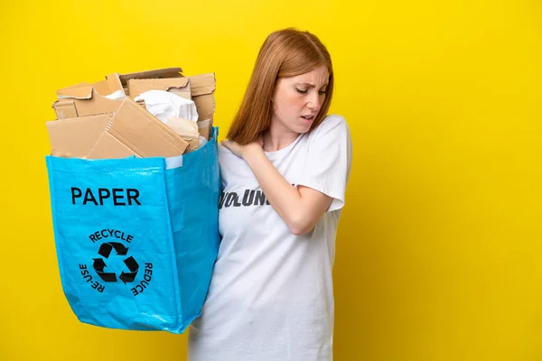 Young Redhead Woman Holding Recycling Bag Full Paper Recycle Isolated — Stock Photo, Image