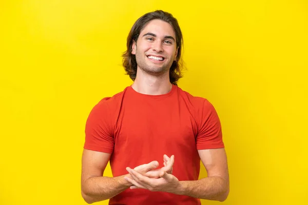 Caucasian Handsome Man Isolated Yellow Background Laughing —  Fotos de Stock