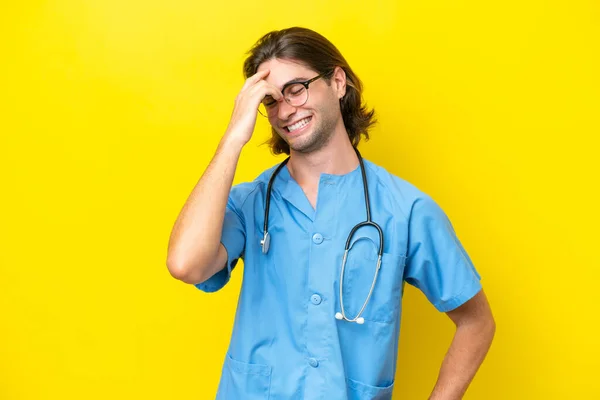 Young Surgeon Caucasian Man Isolated Yellow Background Laughing — Fotografia de Stock