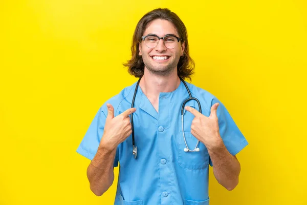 Young Surgeon Caucasian Man Isolated Yellow Background Surprise Facial Expression — Stock Photo, Image