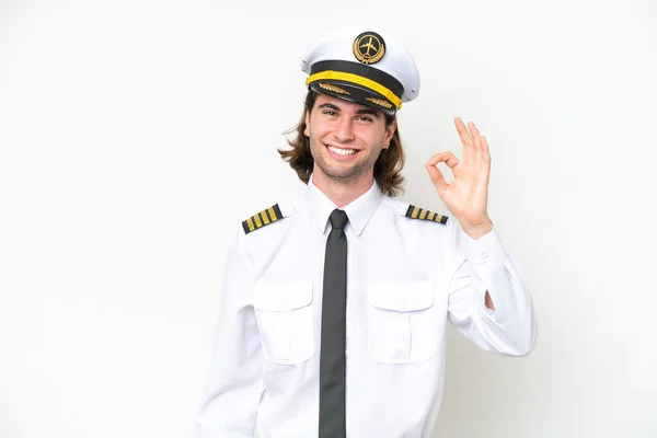 Pohledný Pilot Letadla Izolované Bílém Pozadí Ukazující Znamení Prsty — Stock fotografie