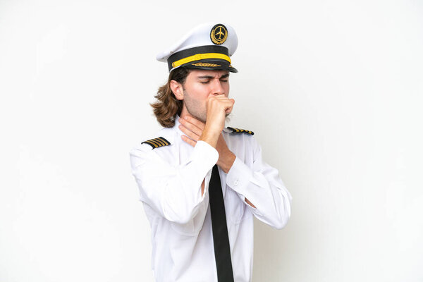handsome Airplane pilot isolated on white background is suffering with cough and feeling bad