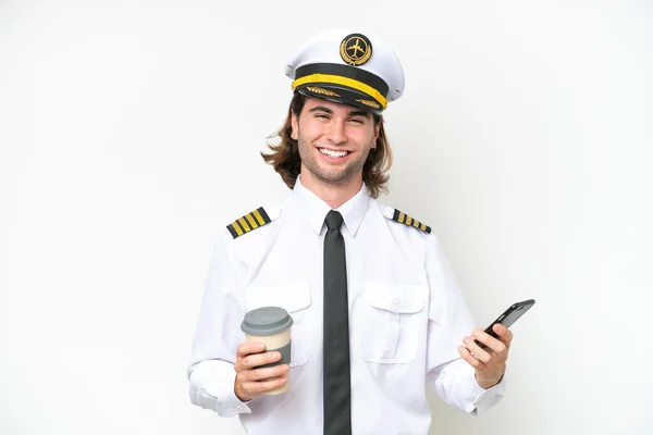 Handsome Airplane Pilot Isolated White Background Holding Coffee Take Away — Zdjęcie stockowe