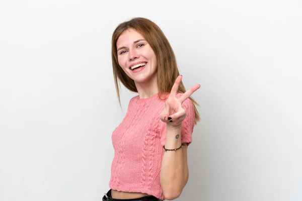 Beyaz Arka Planda Izole Edilmiş Genç Ngiliz Kadın Gülümsüyor Zafer — Stok fotoğraf