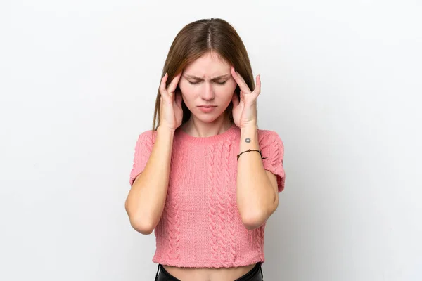 Junge Engländerin Isoliert Auf Weißem Hintergrund Mit Kopfschmerzen — Stockfoto