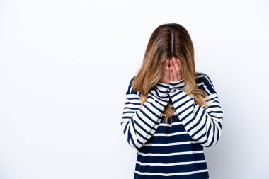 Young Uruguayan woman isolated on white background with tired and sick expression