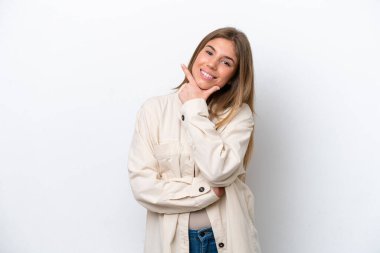 Young caucasian woman isolated on white bakcground happy and smiling