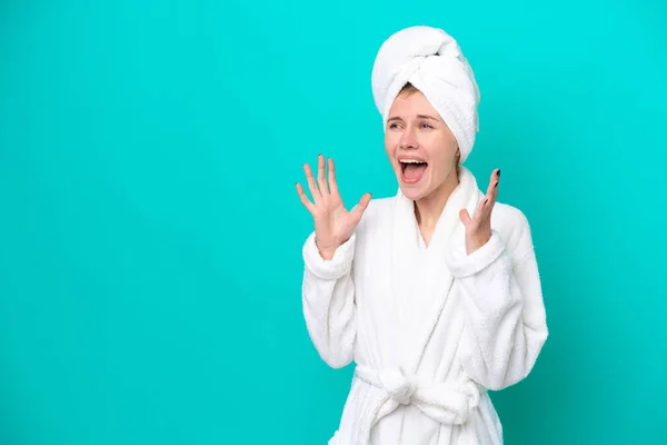 Young Woman Bathrobe Isolated Blue Background Surprise Facial Expression — 图库照片