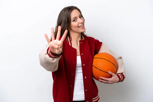 Beyaz Arka Planda Basketbol Oynayan Beyaz Kadın Mutlu Parmaklarıyla Dört — Stok fotoğraf