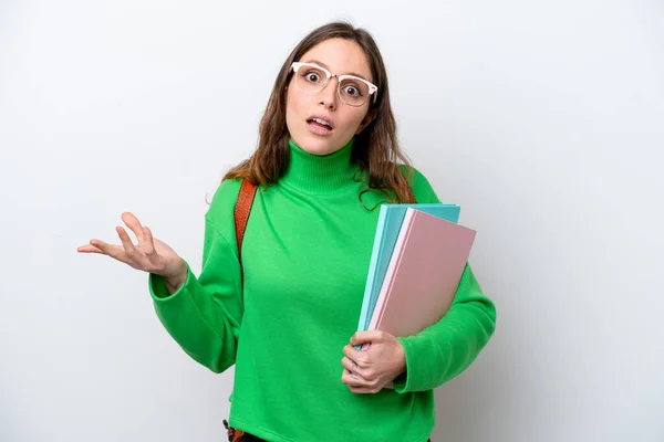 Young Student Caucasian Woman Isolated White Background Shocked Facial Expression — Stockfoto