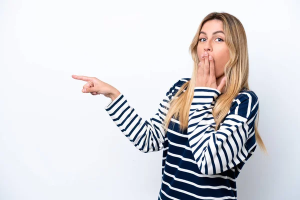 Young Uruguayan Woman Isolated White Background Surprise Expression While Pointing — Stock Photo, Image