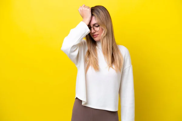 Young Uruguayan Woman Isolated Yellow Background Headache — 스톡 사진