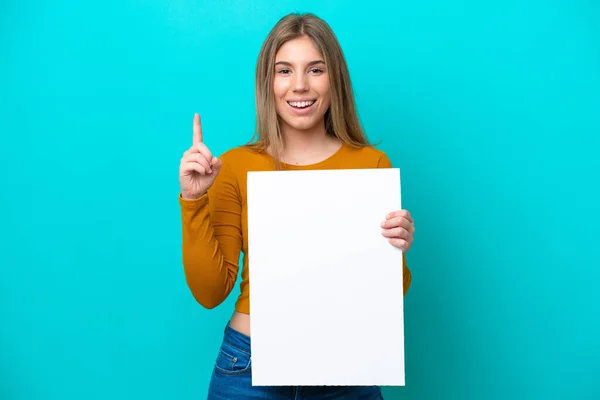 Young Caucasian Woman Isolated Blue Background Holding Empty Placard Pointing — Stock Photo, Image