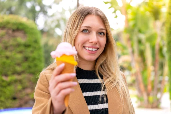 Young Pretty Blonde Woman Cornet Ice Cream Outdoors Happy Expression — Stock Photo, Image