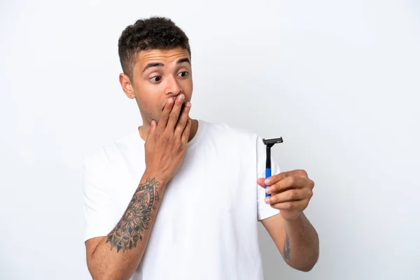 Young Brazilian Man Shaving His Beard Isolated White Background Surprise — 图库照片