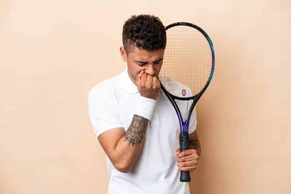 Young Brazilian Handsome Man Playing Tennis Isolated Beige Background Having — 图库照片