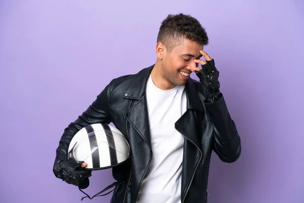 Young Brazilian Man Motorcycle Helmet Isolated Purple Background Laughing — ストック写真