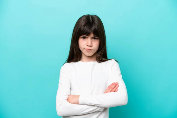 Little Caucasian Girl Isolated Blue Background Unhappy Expression — Stock fotografie