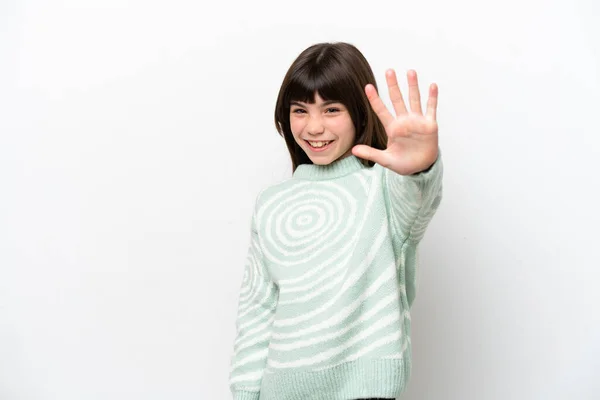 Little Caucasian Girl Isolated White Background Counting Five Fingers — Stock Photo, Image