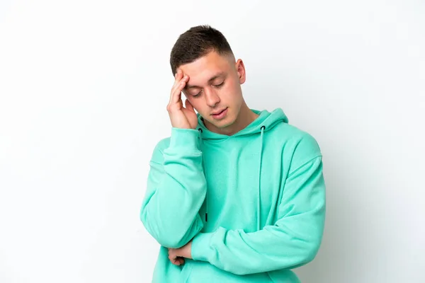 Young Brazilian Man Isolated White Background Headache — Stock Photo, Image