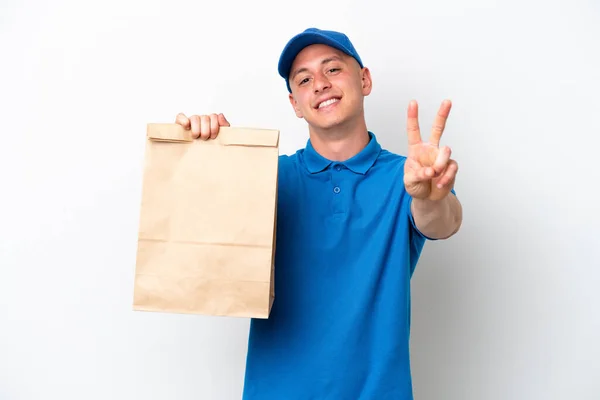 Young Brazilian Man Taking Bag Takeaway Food Isolated White Background — Stock Fotó