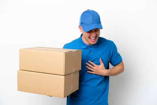 Young Delivery Brazilian Man Isolated Ops White Background Smiling Lot —  Fotos de Stock