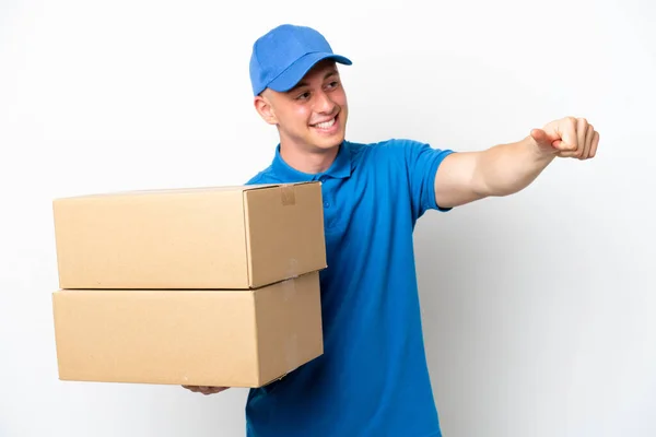 Young Delivery Brazilian Man Isolated Ops White Background Giving Thumbs — Stock Photo, Image