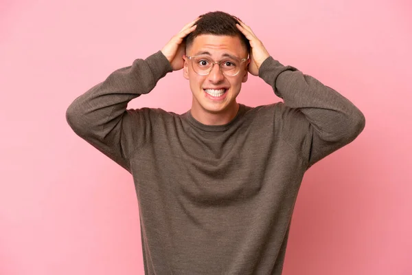 Young Brazilian Man Isolated Pink Background Doing Nervous Gesture — Stock Photo, Image